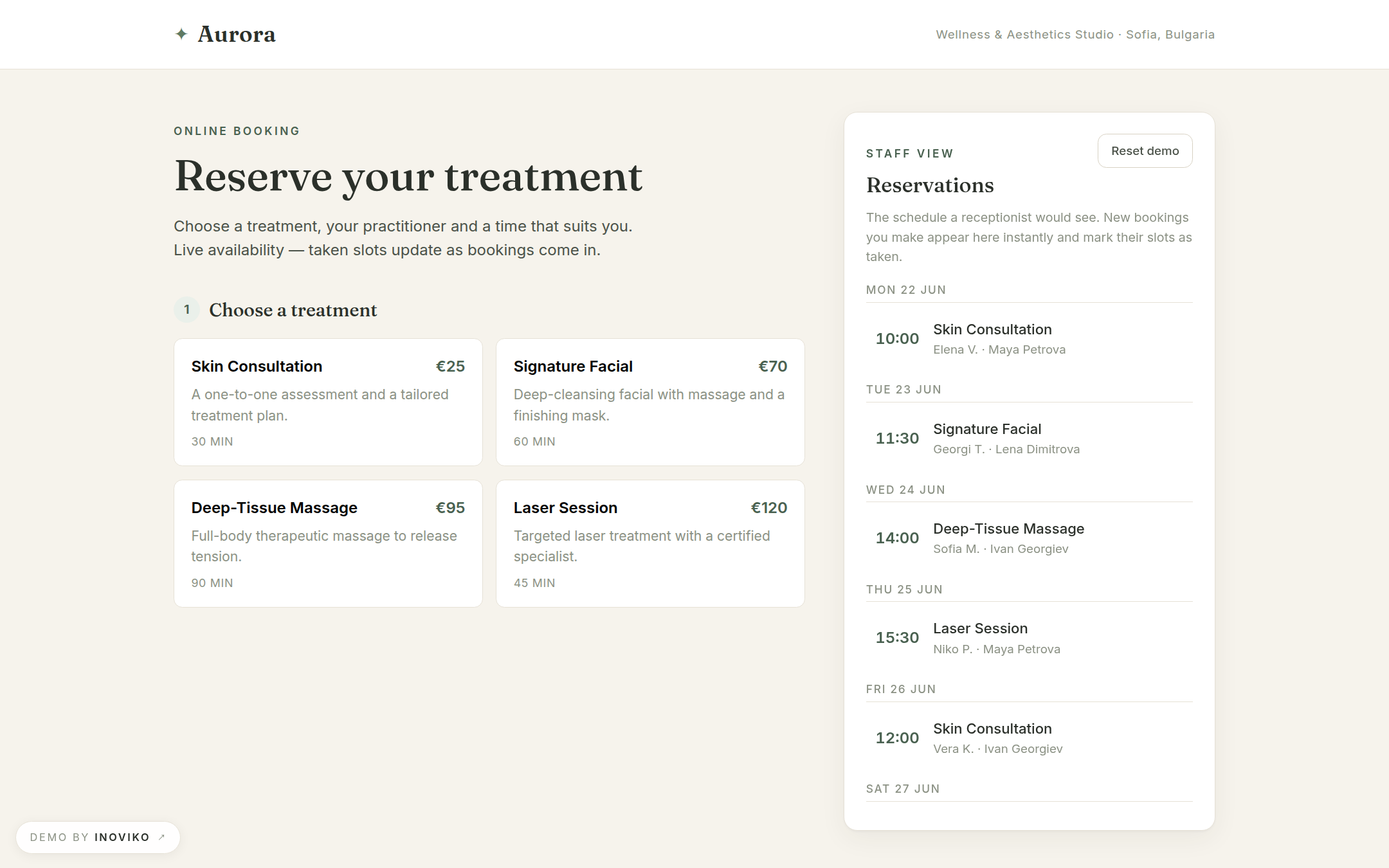 Screenshot of the Aurora booking system